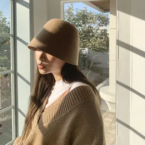 Stylish women wool felt bucket hat cloche cap, classic winter warm retro fashion.