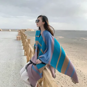 Autumn winter women imitation cashmere split shawl ethnic style warm outdoor travel cape.