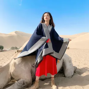 Autumn winter women imitation cashmere split shawl ethnic style warm travel cloak cape