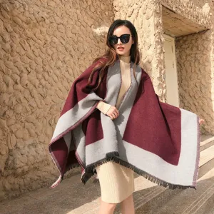 Autumn winter women color block tassel shawl poncho ethnic style cashmere feel cape coat