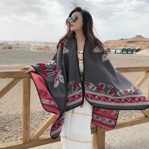 Women's autumn winter ethnic style knitted shawl cape warm imitation cashmere fringe wrap fashion outdoor
