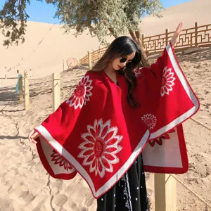 Women's Winter Cashmere-Feel Ethnic Cape Poncho Large Sunflower Red Shawl Warm Cloak