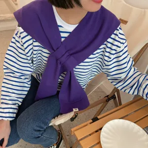 Women knitted shawl scarf striped long sleeve shirt set casual stylish autumn fashion outfit