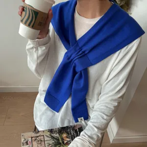 Blue knitted shoulder wrap scarf stylish women cross neck winter warm fashion accessory