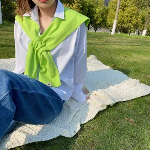 Spring knitted cross scarf shawl for women, bright green decorative warm neck wrap detail view.