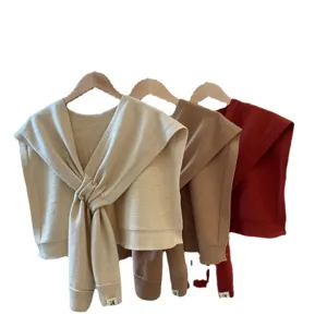 Women knitted cross shawl winter warm neck scarf elegant solid color pullover capelet top