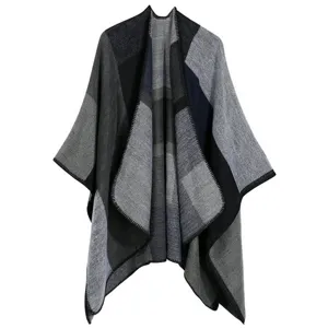 Women Black Grey Color Block Poncho Cashmere Feel Shawl Open Front Winter Warm Cloak Scarf.