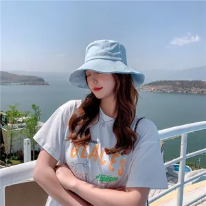 Sombrero de pescador azul claro estilo coreano para mujer, protección solar de tela.