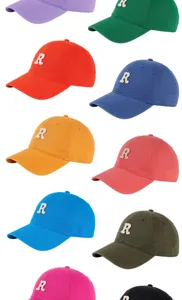 Detail view of cotton baseball caps with white embroidered R letter patch in multiple colors.