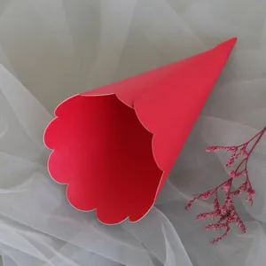 Red petal edge wedding confetti cone paper tube for party celebration and DIY craft.