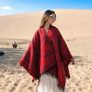 Autumn winter women ethnic style open split shawl warm imitation cashmere travel cape coat.