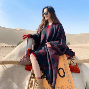 Women's imitation cashmere split shawl, ethnic style warm autumn and winter cape for travel.
