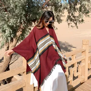 Women's ethnic style imitation cashmere split shawl for autumn and winter travel warmth.
