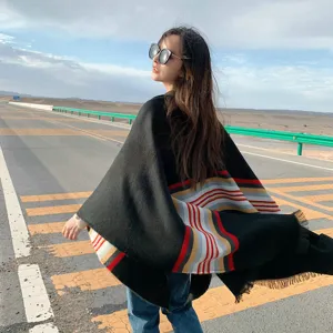 Ethnic style imitation cashmere split shawl, autumn and winter warm women cloak detail.