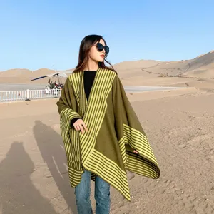 Women autumn winter ethnic style poncho shawl cashmere feel warm travel cape cloak apparel