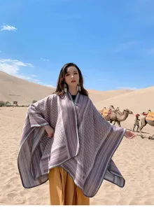 Chal capa de punto estilo étnico, poncho cálido de invierno para viajes y fotografía en el desierto.