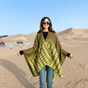 Autumn winter houndstooth split poncho cape warm imitation cashmere shawl for women travel outdoor