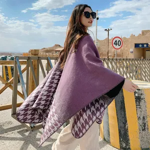Autumn winter women split shawl cashmere feel warm houndstooth cape tourist travel cloak