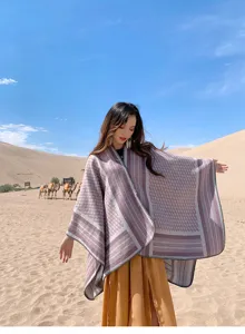 Chal y capa de punto étnico para mujer, ideal para fotografía en el desierto, cálido y elegante.