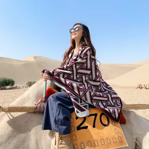Autumn winter geometric ethnic style imitation cashmere shawl cloak for women travel wear.