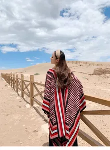 Capa chal de punto estilo étnico para mujer, abrigo de invierno cálido con diseño geométrico.
