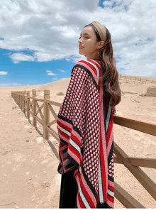 Poncho chal de punto geométrico étnico para mujer, capa cálida de viaje desierto invierno.