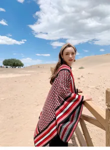 mujer estilo etnico poncho de punto bufanda otono invierno caliente viaje capa desierto