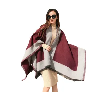 Women winter warm color block fringe shawl cloak casual stylish fashion outer wear