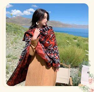 Mujer invierno cálido leopardo impresión geométrica chal dividido capa viaje exterior