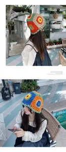 Japanischer stil florale häkel-buchtmütze für damen, bunte hohle strickmütze für den sommer.