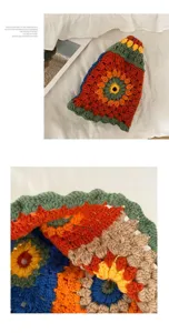Nahaufnahme des handgearbeiteten Häkelblüten-Eimerhuts, gemütliche Strickstruktur, Retro.