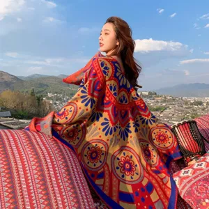 Scialle Avvolgente in Finto Cashmere Ispessito da Donna Autunno Inverno Stile Etnico Motivo Floreale Geometrico Poncho Mantella Aperta