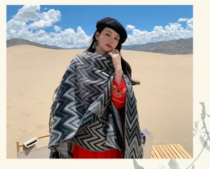 Bohemian chevron split cape thickened warm cashmere-like shawl for travel outdoor winter.