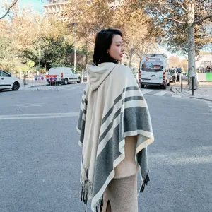 Women's Hooded Faux Cashmere Shawl Retro Striped Tassel Cloak Warm Winter Blanket Oversized Poncho Scarf