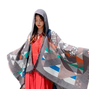 Ethnische Kapuze Schal Umhang Quasten geometrisch Muster Kunstkaschmir warmer Reiseschal