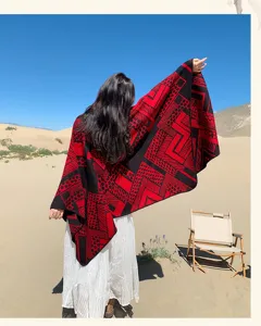 Damen Winter warmer Kunstkaschmir Umhang Schal rot schwarz geometrisches Muster Decke