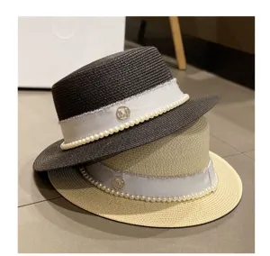 French style straw hat for women summer beach sun hat with pearls and ribbon decoration.