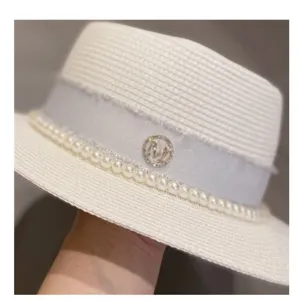 French style pearl straw hat for women summer beach sun protection elegant sunshade top hat