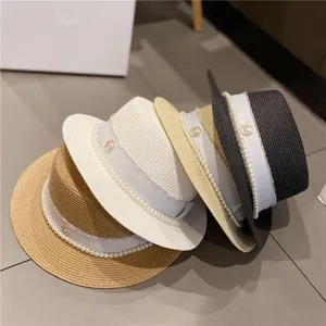 French Hepburn style women's straw hat with pearls, elegant summer beach sunshade top hat.