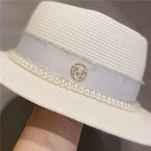 French style pearl straw hat for women, elegant summer beach sun hat with ribbon and logo.