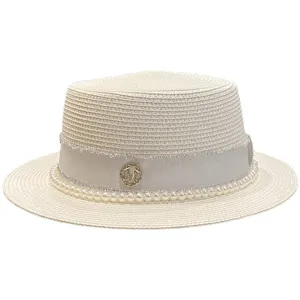 Women summer straw hat with pearls and ribbon, elegant sun protection boater hat for beach vacation.