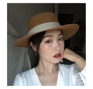 Chapeau de paille plat femme été plage protection solaire rétro chapeau fedora élégant.