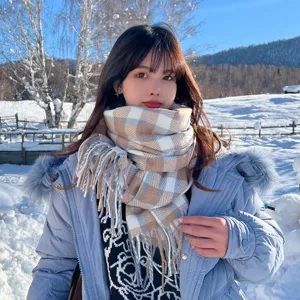 Echarpe carreaux classique automne hiver femme, chale doux carreaux style coreen chaud cou.