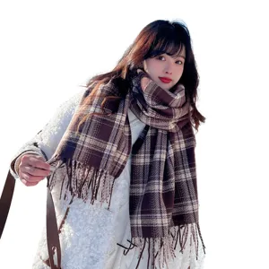 Automne hiver femmes marron carreaux laine écharpe style doux franges chaud châle principal