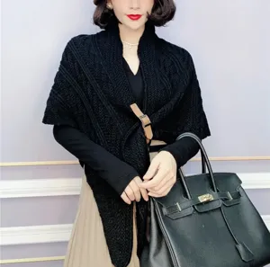 Black knit cape shawl detail, cozy wool triangle wrap with leather buckle for women.
