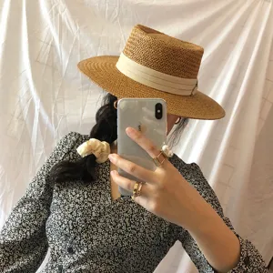 Chapeau de paille femme mode ete plage protection solaire vintage style francais plat