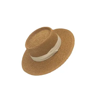 Chapeau de paille plat femme été plage protection solaire rétro style ruban chapeau