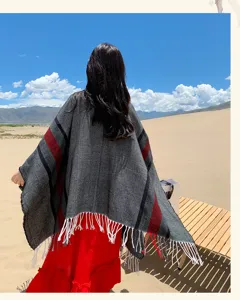 Bohemian wave patterned tassel poncho, warm imitation cashmere shawl for travel and outdoor.