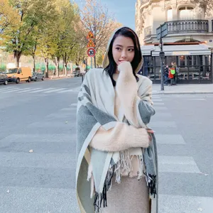 Autumn winter hooded women shawl casual tassel knitted cape stylish warm outer wear poncho