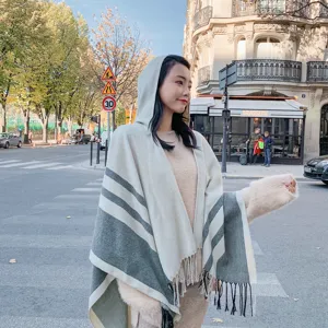 Women's hooded fringe cape shawl winter warm knitted poncho stylish tassel outerwear